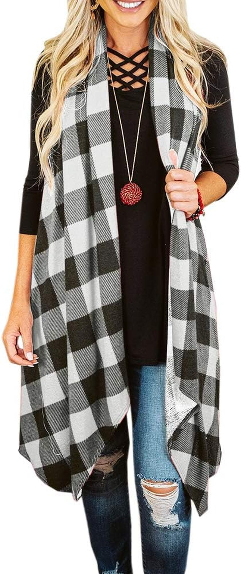 Women's Lightweight Plaid Sleeveless Duster Cardigan with Pockets - Open Front Vest Coat