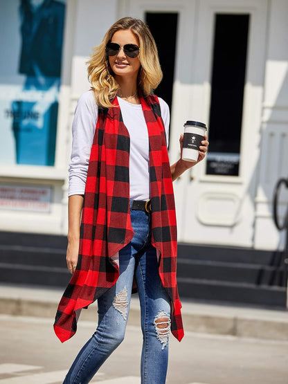 Women's Lightweight Plaid Sleeveless Duster Cardigan with Pockets - Open Front Vest Coat