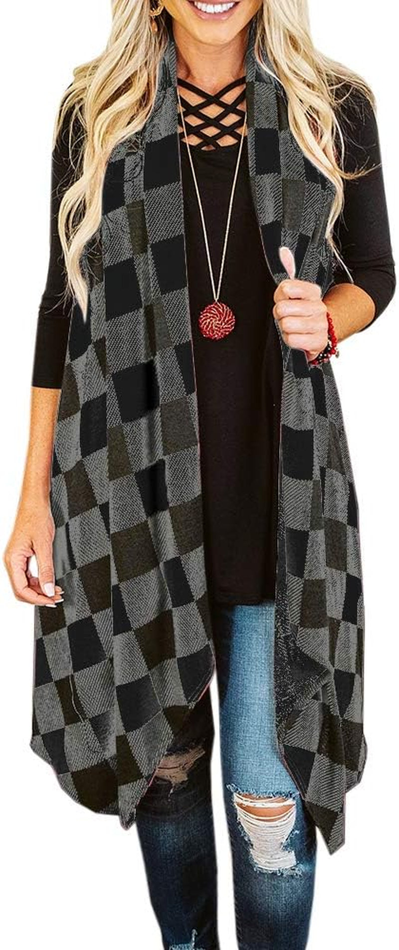 Women's Lightweight Plaid Sleeveless Duster Cardigan with Pockets - Open Front Vest Coat