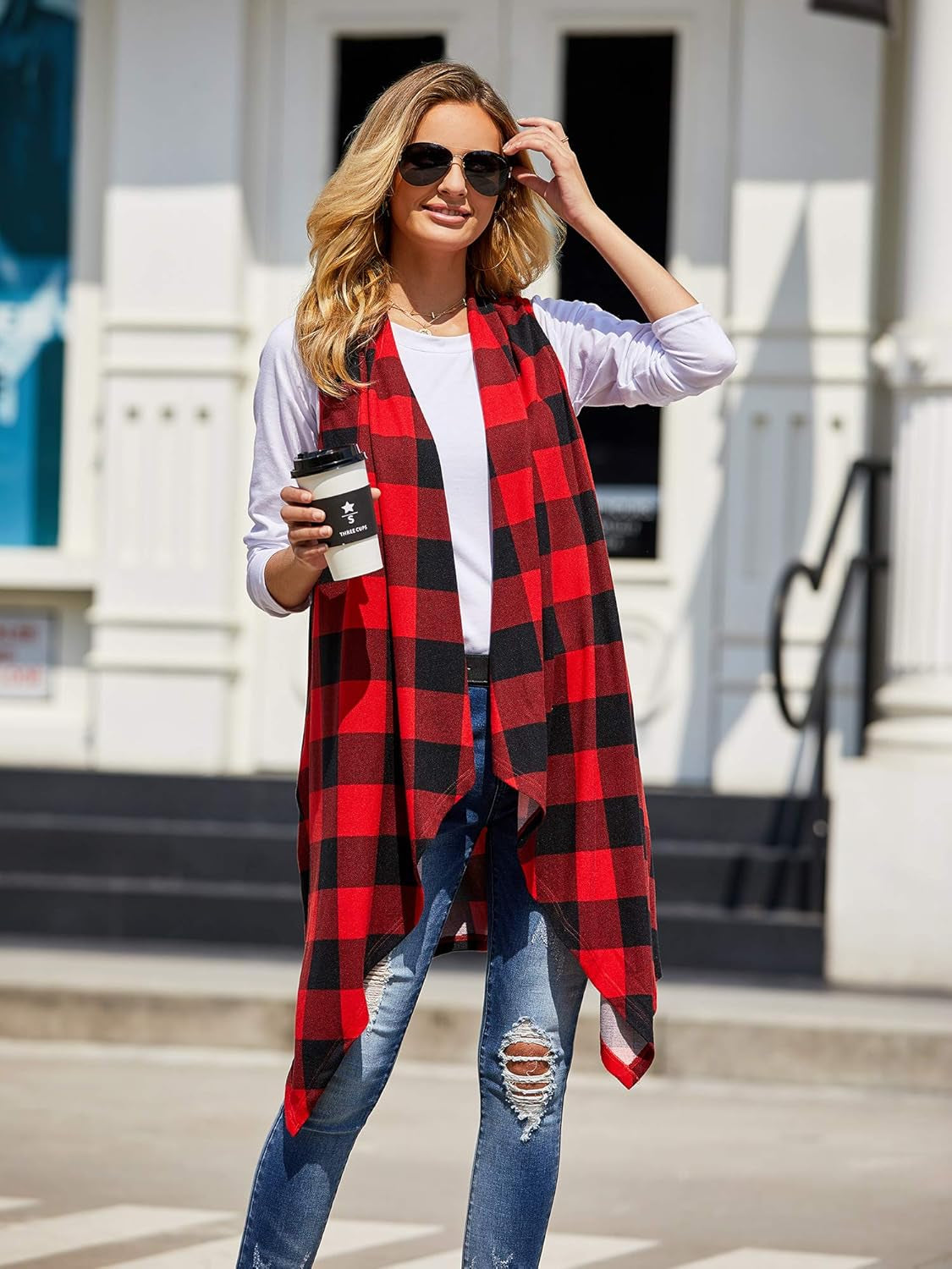 Women's Lightweight Plaid Sleeveless Duster Cardigan with Pockets - Open Front Vest Coat