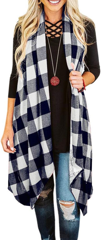 Women's Lightweight Plaid Sleeveless Duster Cardigan with Pockets - Open Front Vest Coat