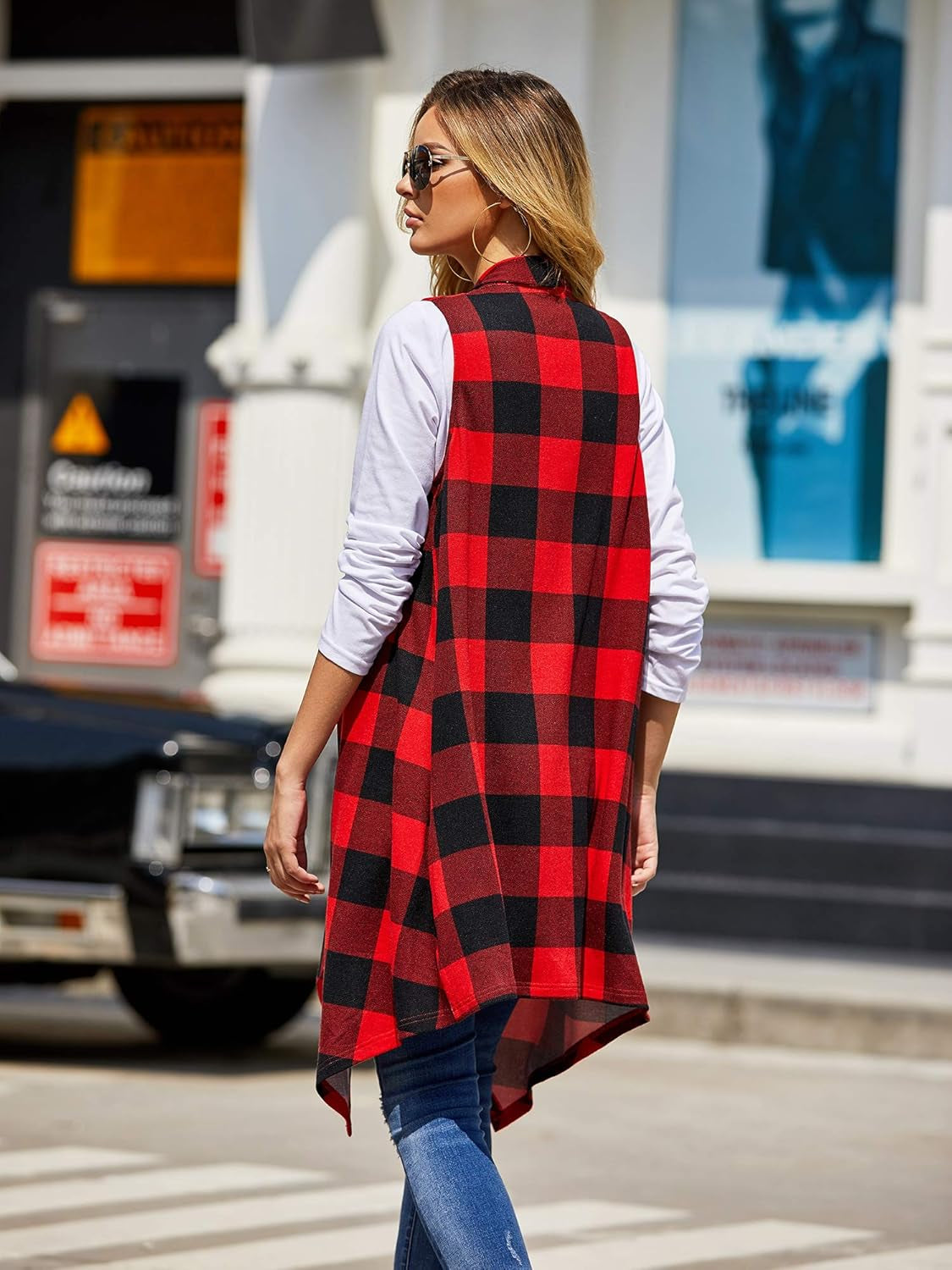 Women's Lightweight Plaid Sleeveless Duster Cardigan with Pockets - Open Front Vest Coat