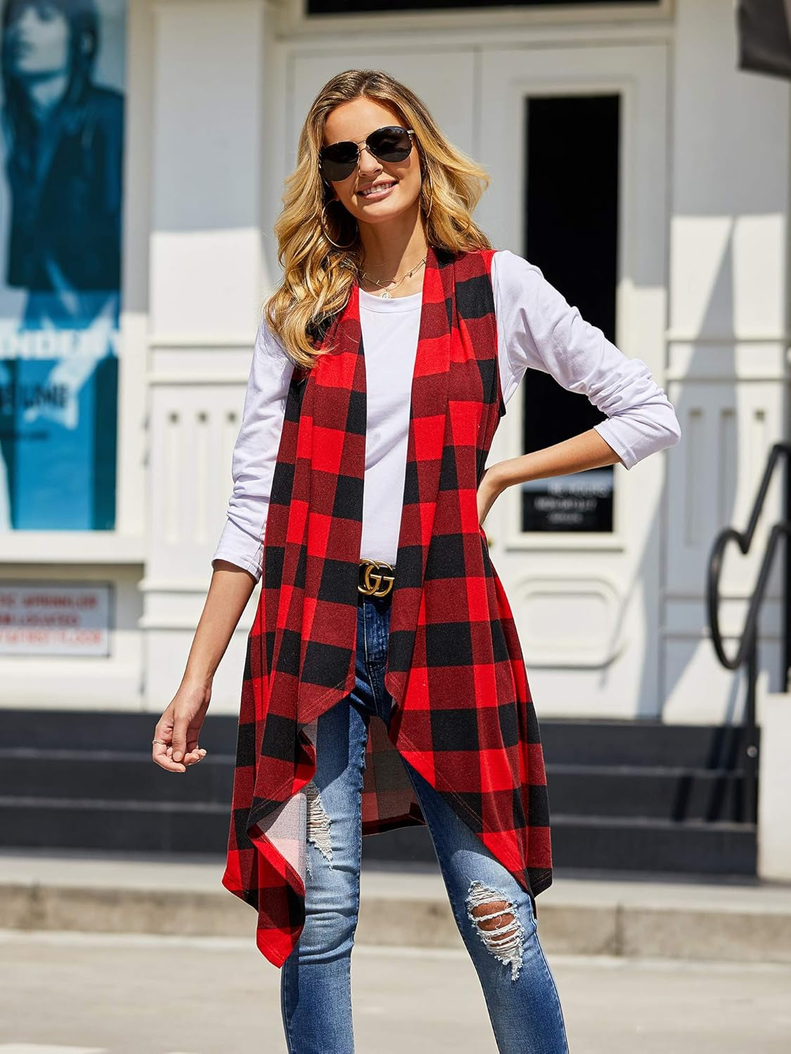 Women's Lightweight Plaid Sleeveless Duster Cardigan with Pockets - Open Front Vest Coat