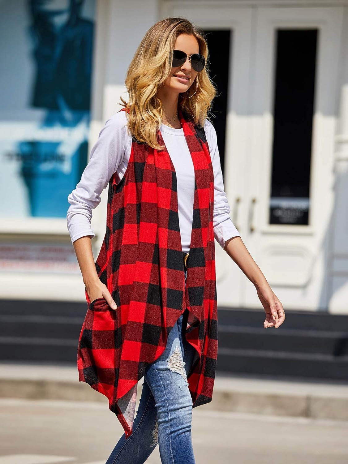 Women's Lightweight Plaid Sleeveless Duster Cardigan with Pockets - Open Front Vest Coat