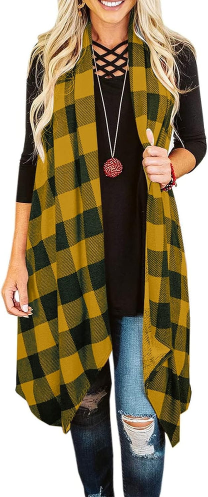 Women's Lightweight Plaid Sleeveless Duster Cardigan with Pockets - Open Front Vest Coat