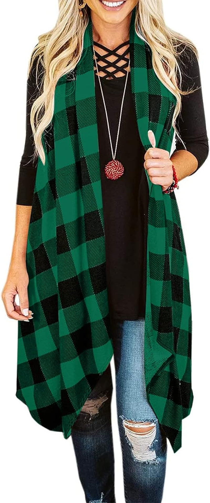 Women's Lightweight Plaid Sleeveless Duster Cardigan with Pockets - Open Front Vest Coat