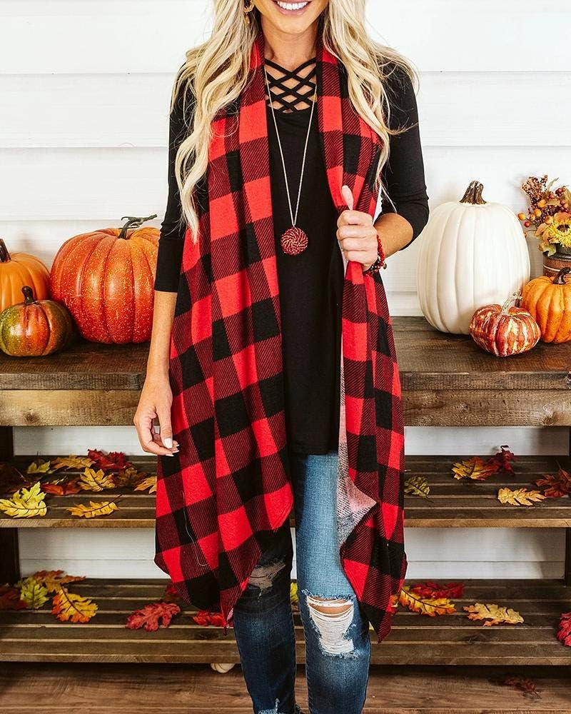 Women's Lightweight Plaid Sleeveless Duster Cardigan with Pockets - Open Front Vest Coat