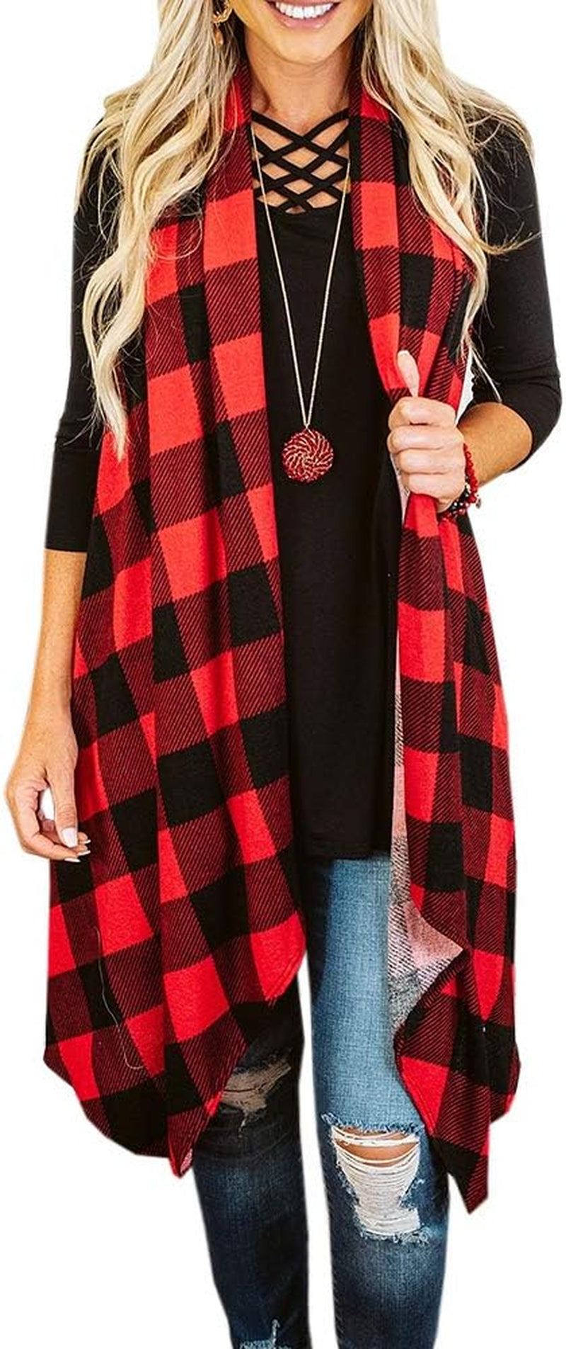 Women's Lightweight Plaid Sleeveless Duster Cardigan with Pockets - Open Front Vest Coat